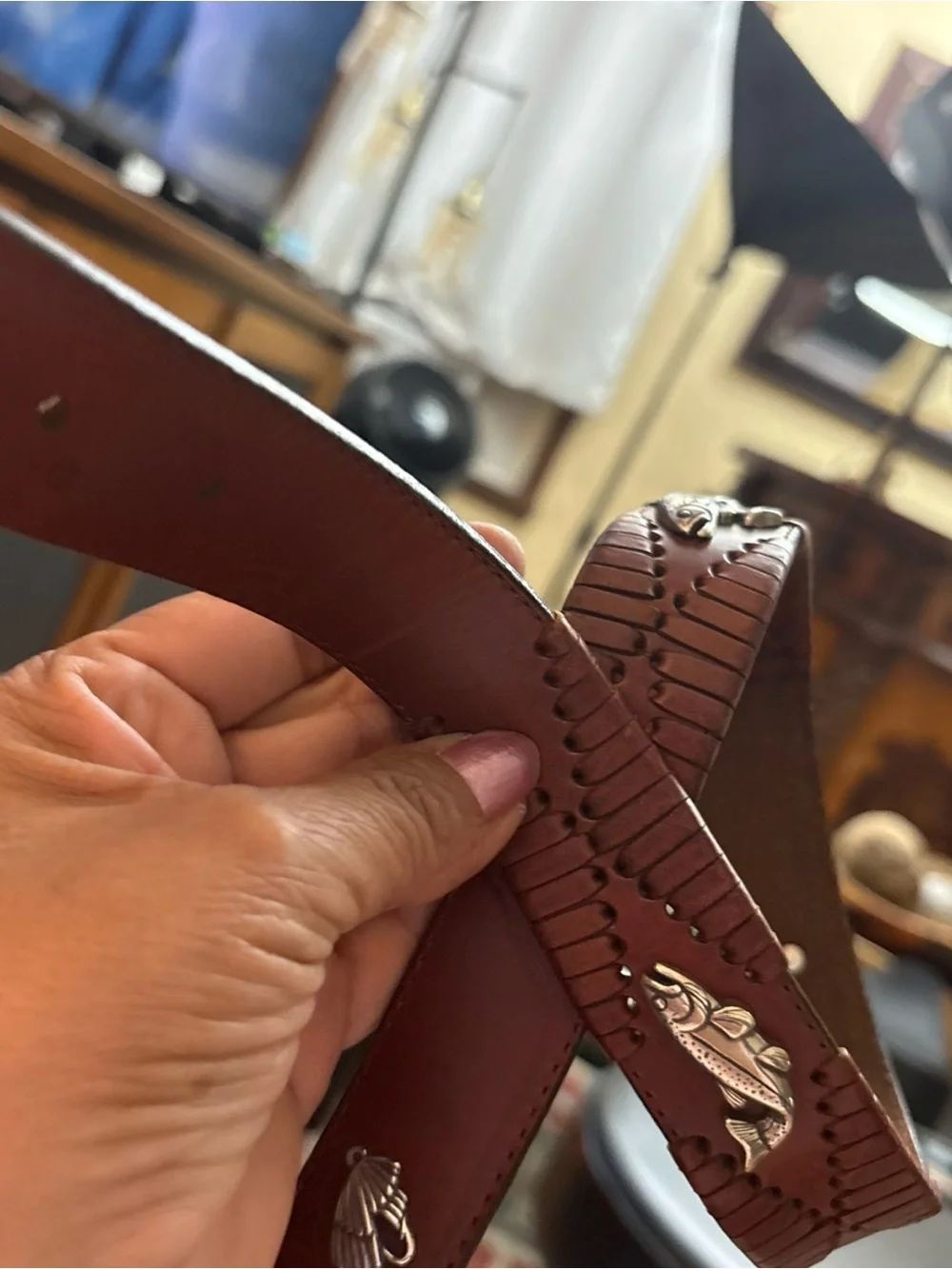 VINTAGE Brighton Brown Leather Belt with Silver Buckle WITH SILVER flying fish 🐟